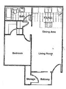 Floor plan for 1 bed, 1 bath, 600 sqft